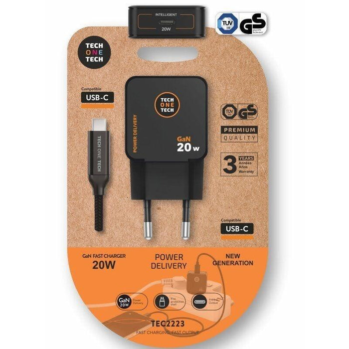 Cargador De Pared Gan Tech One Tech Tec2223 1xusb Tipo-C + Cable Usb Tipo-C 20w Negro