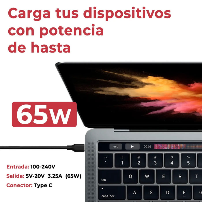 Cargador Usb-C Multivoltaje Para Portátil 5V-20V 3.25A 65W Negro
