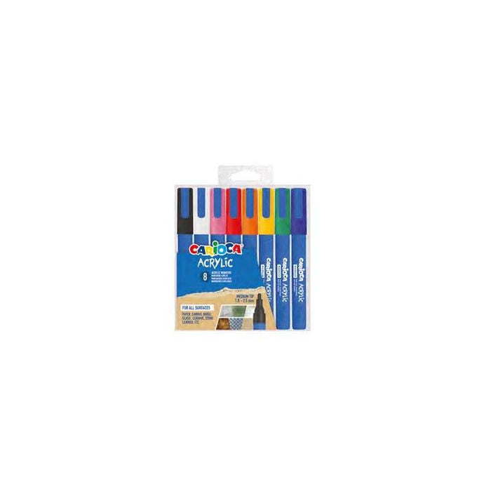 Carioca Acrylic Pack De 8 Marcadores De Pintura Acrilica - Punta Redonda Media 1.8-2.5mm - Tinta A Base De Agua - Alta