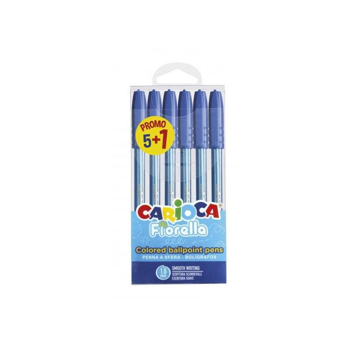 Carioca Fiorella Pack De 6 Boligrafos - Punta De Esfera - Cuerpo Transparente Fluo - Punta Ø 1mm - Escritura Brillante
