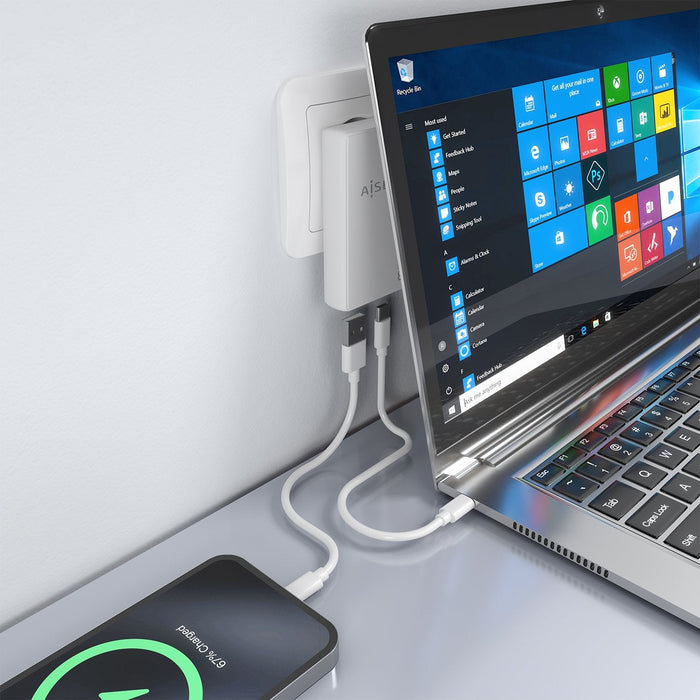 Aisens Cargador De Pared Gan Ultra Delgado 65w, 1xusb-C Pd3.0 Qc4.0, 1xusb-A Qc3.0, Blanco