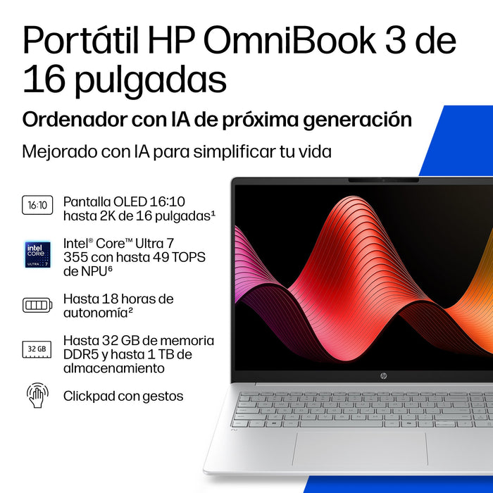 EAN 0199896514293 - HP OmniBook 3 Laptop Next Gen AI 16-bs0012ns Copilot+ PC Intel Core Ultra 7 Portátil 40,6 cm (16") 2K 24  imagen 4