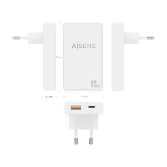 Aisens Cargador De Pared Gan Ultra Delgado 65w, 1xusb-C Pd3.0 Qc4.0, 1xusb-A Qc3.0, Blanco
