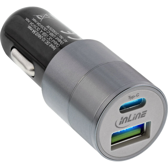 Cargador De Coche Usb Inline Quick Charge 3.0, 12/24vdc -> 5v Dc/3a, Usb-A + Usb Type-C, Negro
