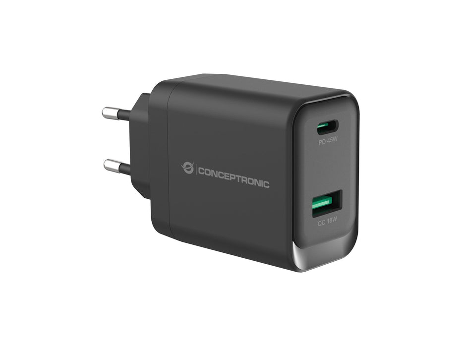 Cargador Conceptronic 2port Gan Usb-C -A 45wpd3.0 Pps Sw
