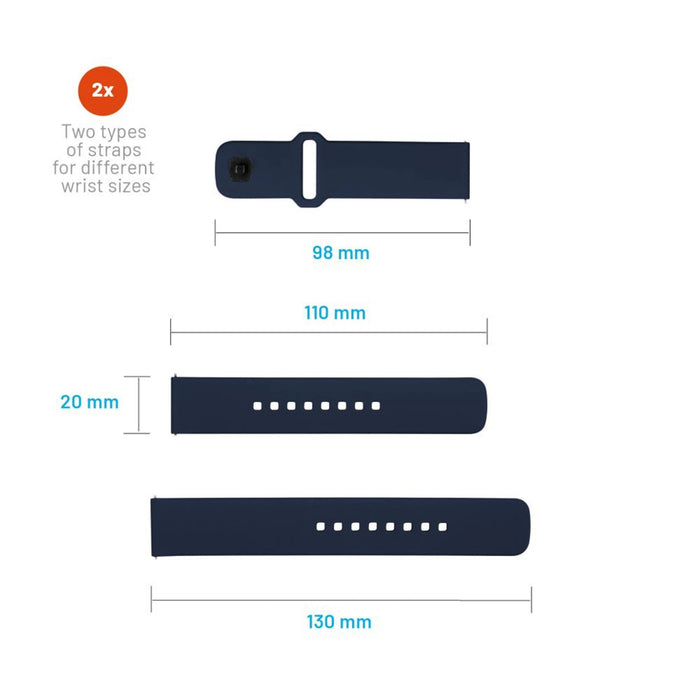 Fixed Silicone Sporty Strap Set With Quick Release 20mm For Smartwatch, Blue