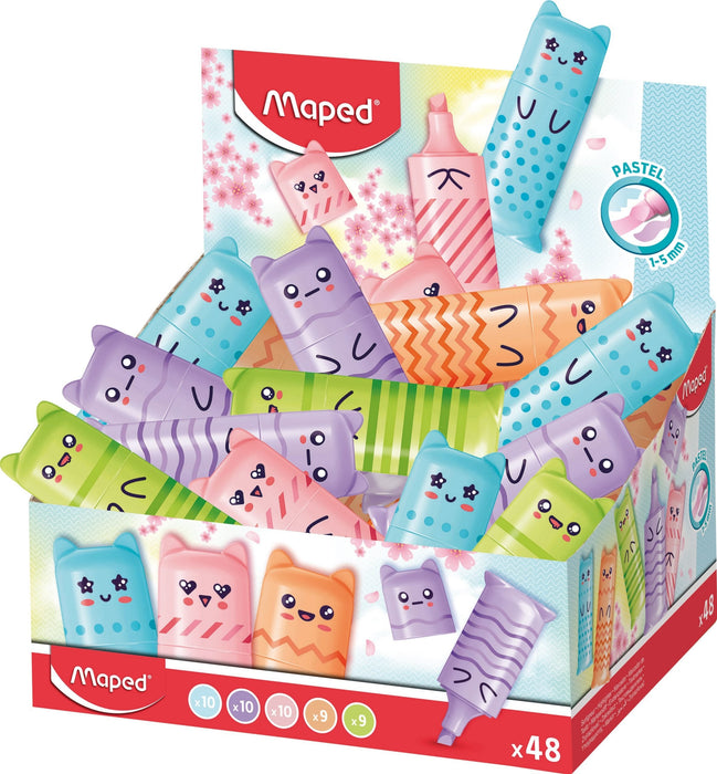 Maped Kawaii Expositor Con 48 Mini Marcadores Fluorescentes Pastel - Divertidos Diseños Kawaii - Trazo De 1 A 5mm -