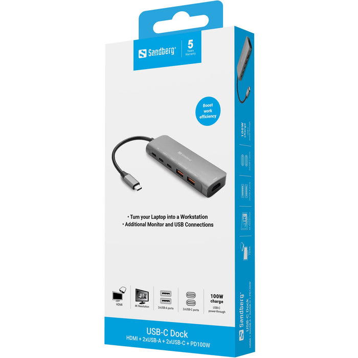 EAN 5705730136658 - Sandberg USB-C Dock HDMI + 2xUSB-A + 2xUSB-C + PD100W Alámbrico USB 3.2 Gen 1 (3.1 Gen 1) Type-C Aluminio imagen 4