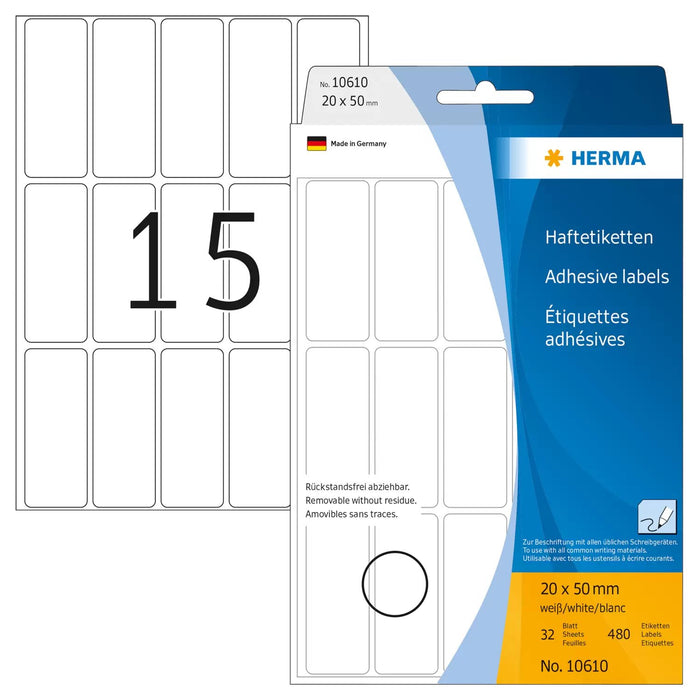 EAN 4008705106108 - HERMA 10610 etiqueta autoadhesiva Rectángulo redondeado Blanco 480 pieza(s) imagen 1