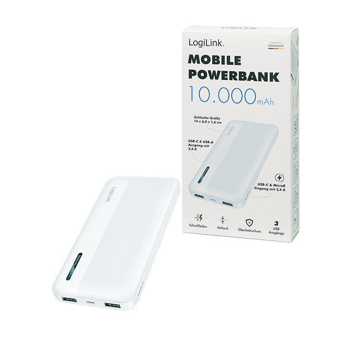 Logilink Mobile Power Bank, Lipo, 10.000 Mah, Usb-C In Out, Blanco