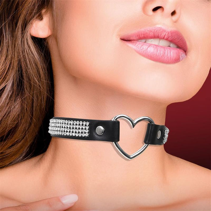 Collar Con Corazón Y Pedrería Estilo Choker Cuero Vegano Talla Única