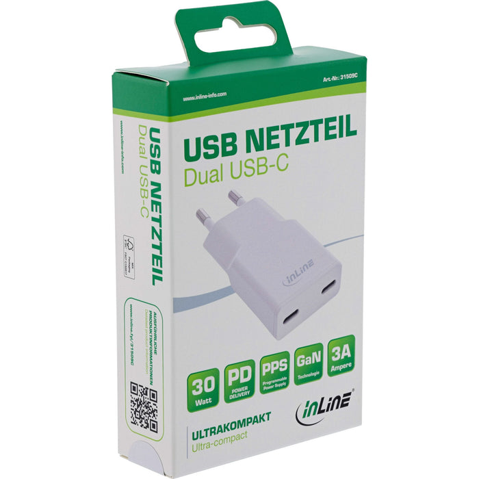 Inline® Usb Power Supply Charger Dual Usb-C, Pd, Pps, 30w, White
