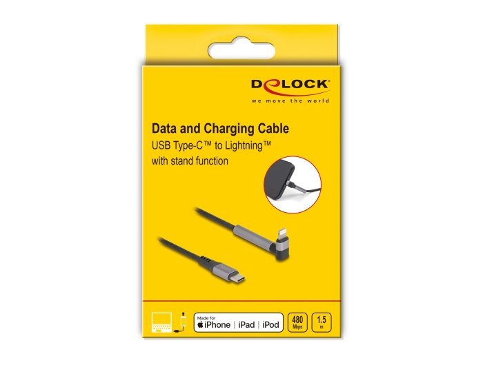 Delock 85405 Cable De Datos Y Carga Usb Type-C A Lightning Para Iphone, Ipad, Ipod Acodado Con Función De Soporte Negro 1,5 M Mfi