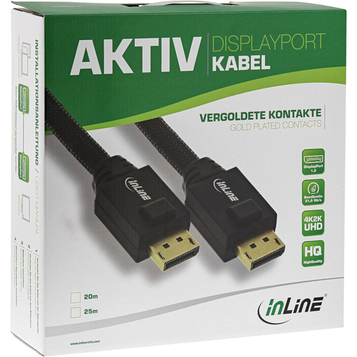 Cable Activo Inline Displayport, Negro, Contactos Dorados, 25 M