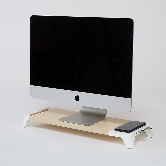 Pout Eyes8 - Soporte De Madera Para Monitor Con Cargador Rápido Y Carga Inalámbrica Para Dispositivos, 3 En 1, Blanco