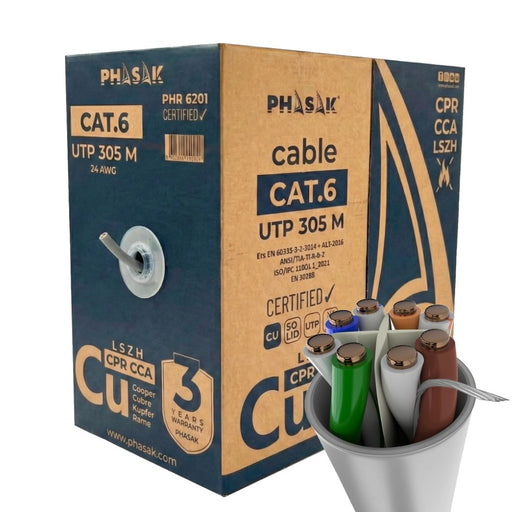 EAN 5605922001224 - Phasak Bobina cable UTP Cat. 6 solido CU (CPR Cca) AWG24 Fluke LSZH 305 m cable de red Cat6 U/UTP (UTP) imagen 1