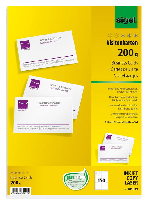 Sigel Visitenkarten 200 G M² Satiniert Hochweiss