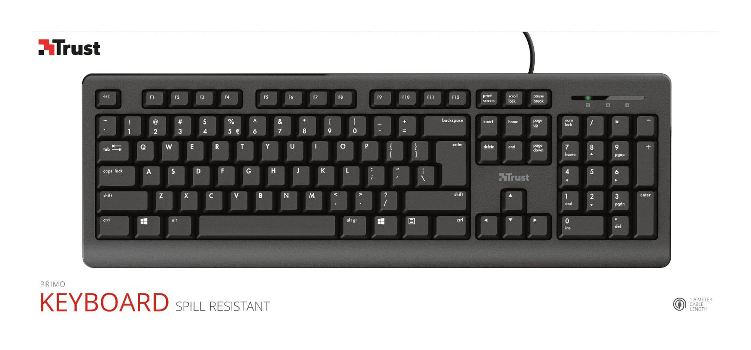 Trust Primo Teclado, Distribución Alemana Qwertz, Resistente A Líquidos, Leiser Tastenanschlag