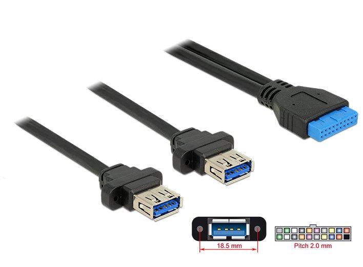 Delock 85244 Base De Conexiones Del Cable Usb 3.0 Hembra De 19 Contactos 2,00 Mm > 2 X Usb 3.0 Tipo-A Hembra De Instalación En Panel De 80 Cm