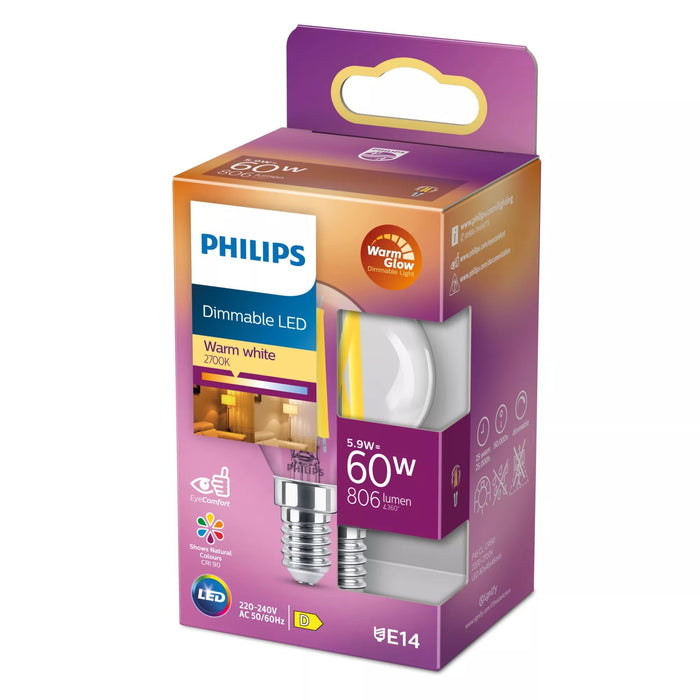 Philips Bombilla Con Led-Filament - Form: P45 - Transparente Finish - E14 - 5.9 W (Equivalente 60 W)