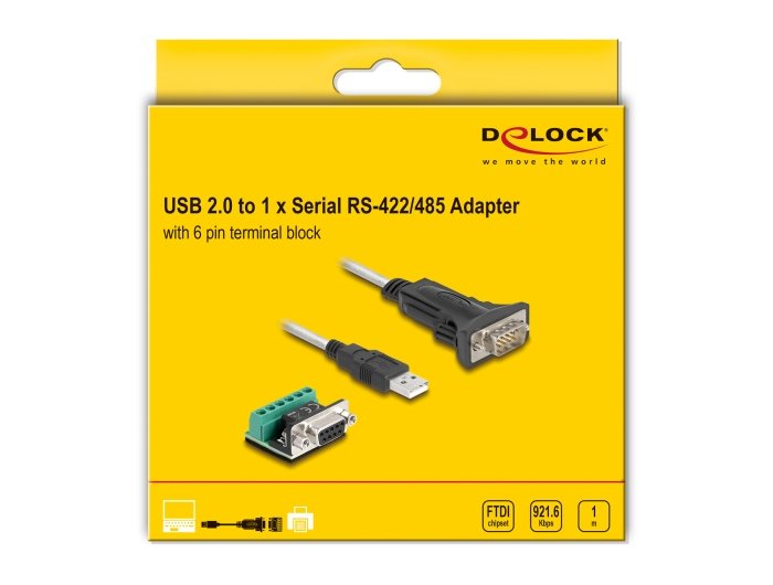Delock Adapter Usb 2.0 Typ-A Zu 1 X Seriell Rs-422 485 Stecker Mit 6 Pin Terminalblock 5 V 1 M