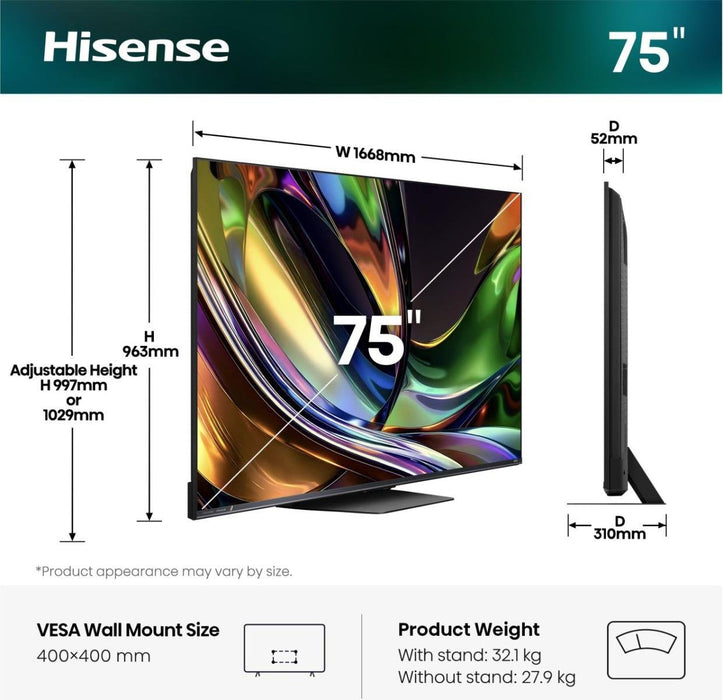 Televisor 75'' Rgb Miniled Uhd 4k Quantum Dot 180hz 75ur8s Smart Tv Hisense 75'/ Rgb Miniled/ Uhd 4k/ 180hz/ 4x Hdmi 2.1/ 1x Usb 2.0 + 1x Usb 3.0/ 2x10w + Subwoofer/ Dolby Vision Iq/ Wifi 6/ Bluetooth 5.4