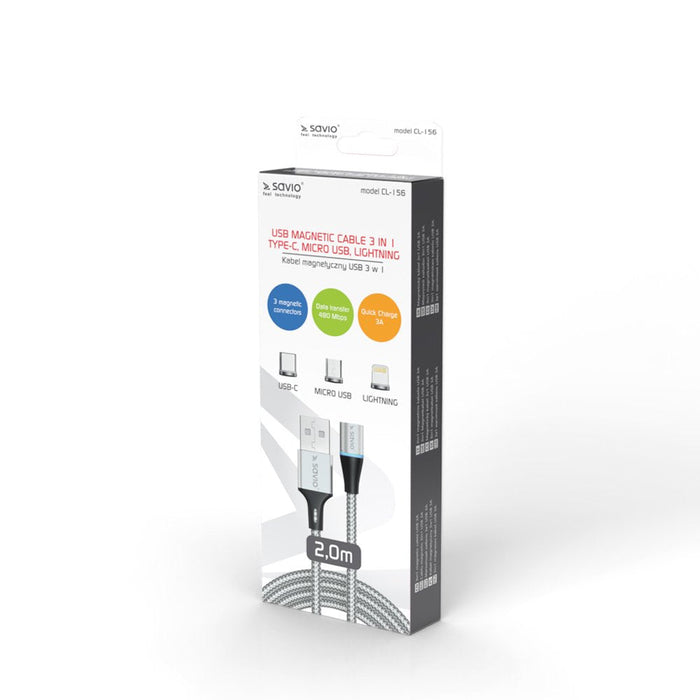 Cable Magnético Savio Usb - Usb Tipo C + Micro Usb + Lightning 2m Plata Cl-156