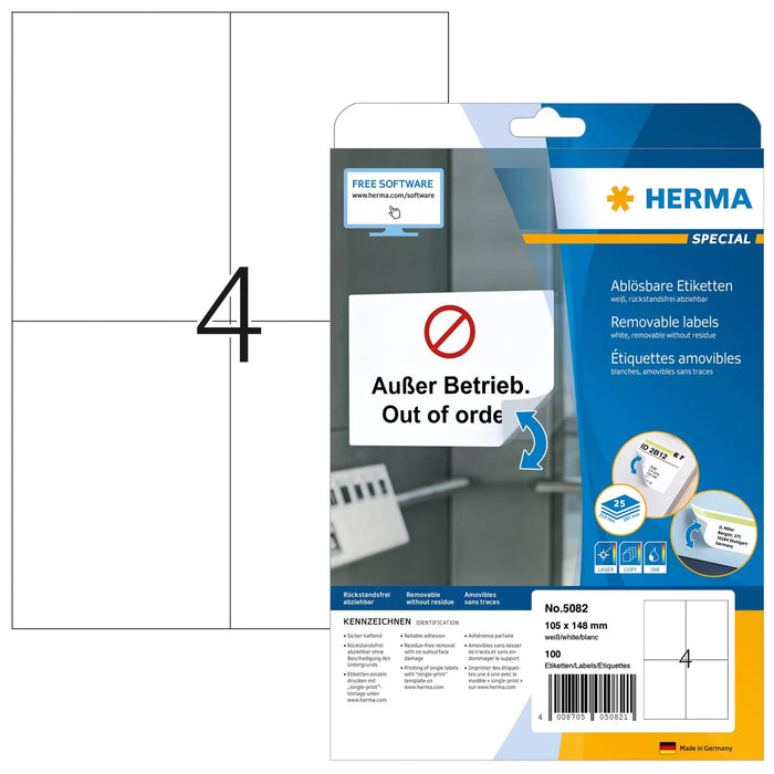 EAN 4008705050821 - HERMA 5082 etiqueta autoadhesiva Rectángulo Desmontable Blanco 100 pieza(s) imagen 1
