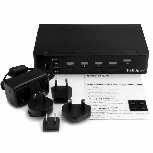 Startech.Com Switch Conmutador Kvm De 4 Puertos Displayport 4k Con Hub Usb 3.0 Para Periféricos Conmutador Kvm / Usb 4 X Kvm / Audio / Usb + 3 X Superspeed Usb 1 Usuario Local Montaje En Rack Ca 120/230 V / Cc 9 12 V Para P/N: Sv431rack