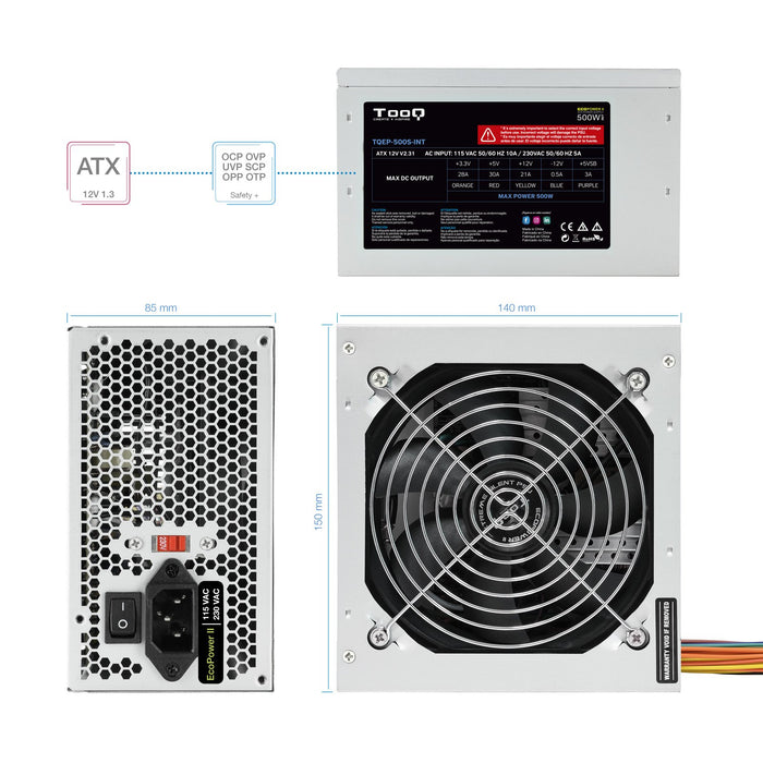 EAN 8433281007277 - TooQ TQEP-500S-INT unidad de fuente de alimentación 500 W 24-pin ATX ATX Plata imagen 6
