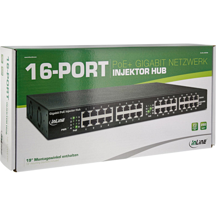 Inline Poe+ Gigabit Network Injector Hub 16 Puertos (16x Poe+), 1gbit/S, 19" (Soportes Incluidos), Metal, 2 Ventiladores