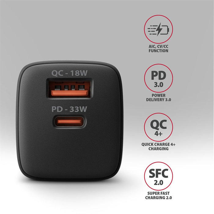 Acu-Pq33 Cargador De Red Gan 33w, 2x Port (Usb-C + Usb-A), Pd3.0/Pps/Qc4+, Negra