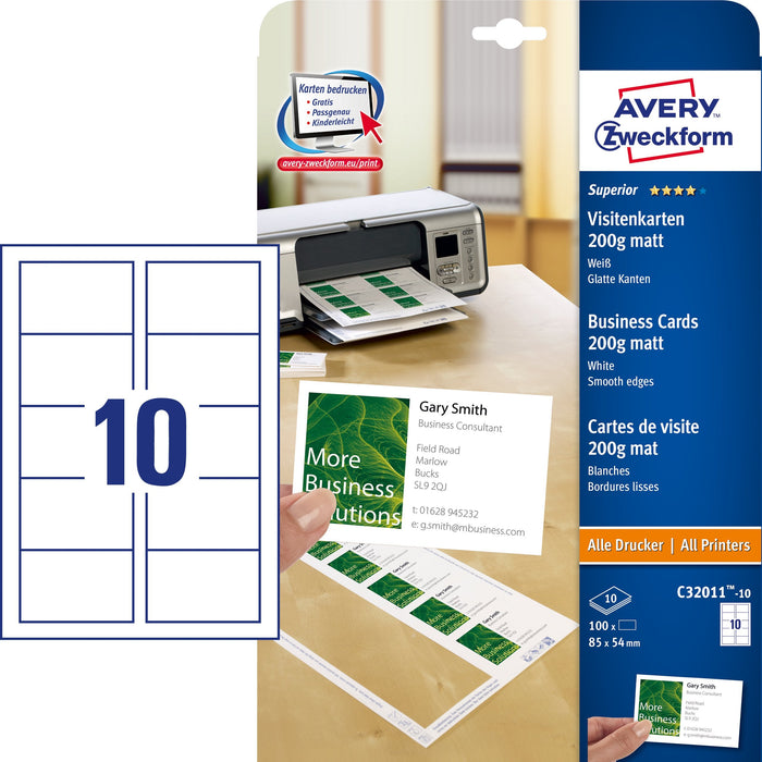 Avery Zweckform Visitenkarten C32011-10 Mate Blanco 200 G Qm, 100 Unidades