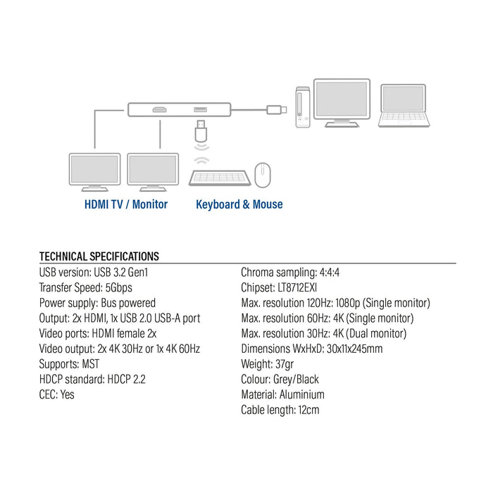 Adaptador Act Connectivity Usb C A 2 Hdmi 4k Usb A