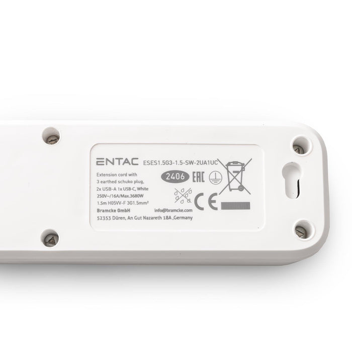 Entac Meckdosenleime 3fach 2x Usb-A & 1 Usb-C, 1,5m Blanco