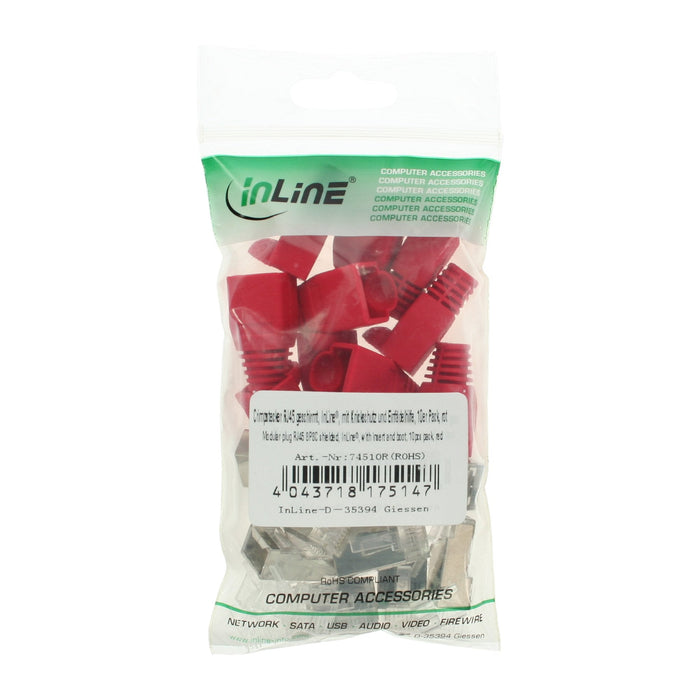 Conector De Crimpado Inline Rj45 Blindado Con Protección Contra Dobleces + Enhebrador Rojo 10 Uds.