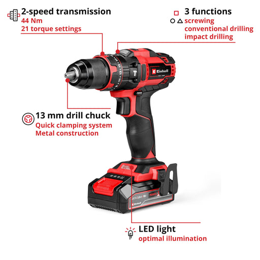 EAN 4006825679533 - Einhell TE-CD 18/44 Li-i 24000 RPM Sin llave 1,59 kg Negro, Rojo imagen 2
