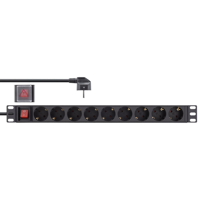Regleta Inline De 19", Contacto De Protección De 9 Contactos, Con Interruptor, 2 M, Negro
