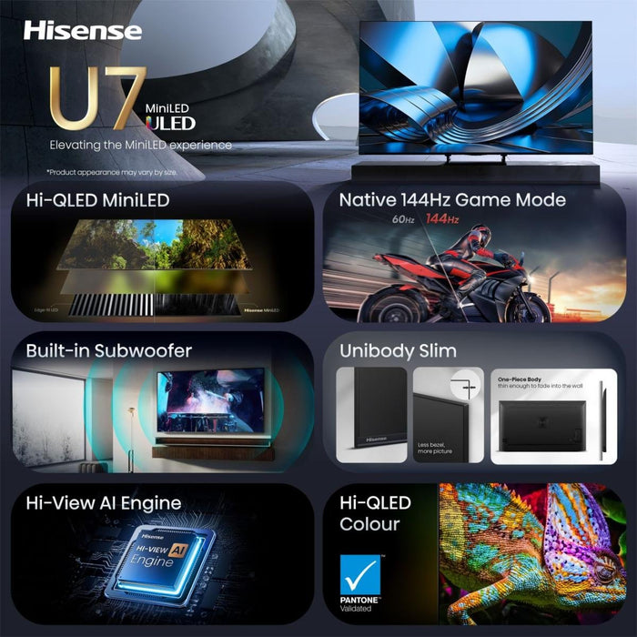 139,0cm 55" (3840x2160) Hisense 55u7se Smart Tv 4k Uled Miniled 6ms 144hz Hdmi Usb Lan Hdr Vesa Wifi Bluetooth Black