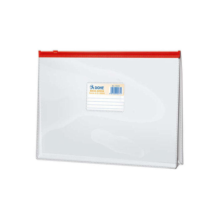Dohe Bolsa Zipper Folio Apaisado Pvc Transparente 150 Micras - Apertura Superior - Cierre Zip Hermetico En Color Rojo