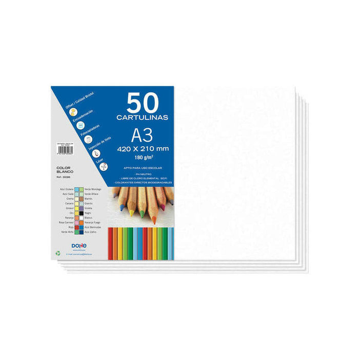 Dohe Cartulinas A3 - 50 Hojas - Gramaje De 180g - Ideal Para Manualidades Y Proyectos Escolares