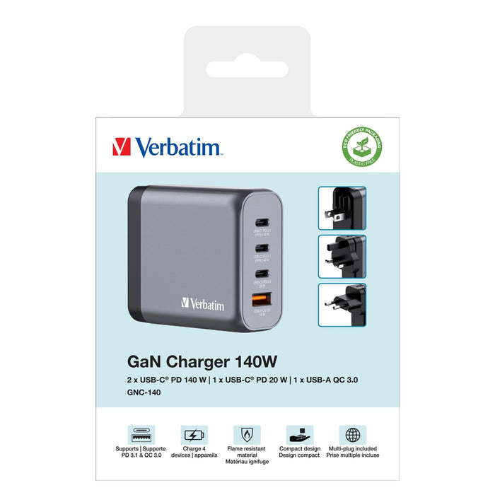 Cargador Verbatim Gan 140w, 1x Usb-A, 3x Usb-C Gris, Pd 3.1, Pd 3.0, Qc 3.0 32203