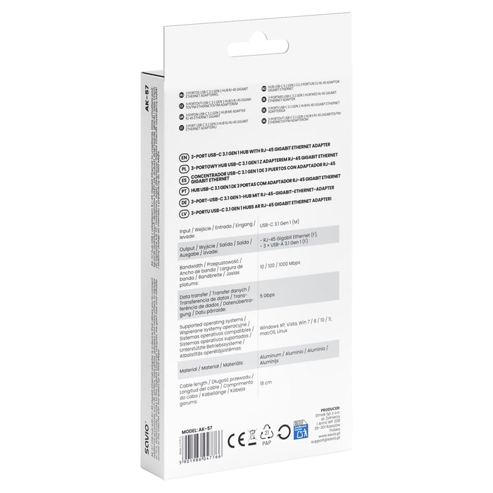 EAN 5901986047766 - Savio AK-57 USB-C - 3 x USB-A HUB with RJ-45 Gigabit Ethernet adapter 5000 Mbit/s grey 2 x USB 3.2 Gen 2  imagen 7