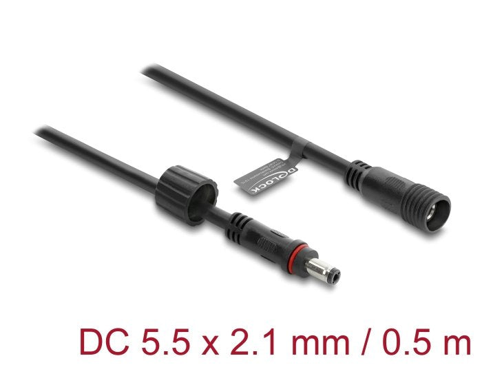Delock Dc Verlängerungscable 5,5 X 2,1 Mm Stecker Zu Buchse Mit Schraubverschluss M12 X 1,75 Mm Gewinde Wasserfest 18 Awg, 0,5 M Schwarz