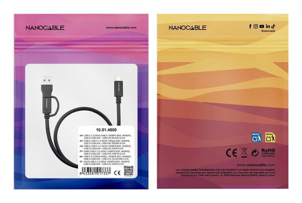 Cable Usb-C+Usb-A/M-Usb-C/M 3.2 Gen2  60w 4k 0.5m