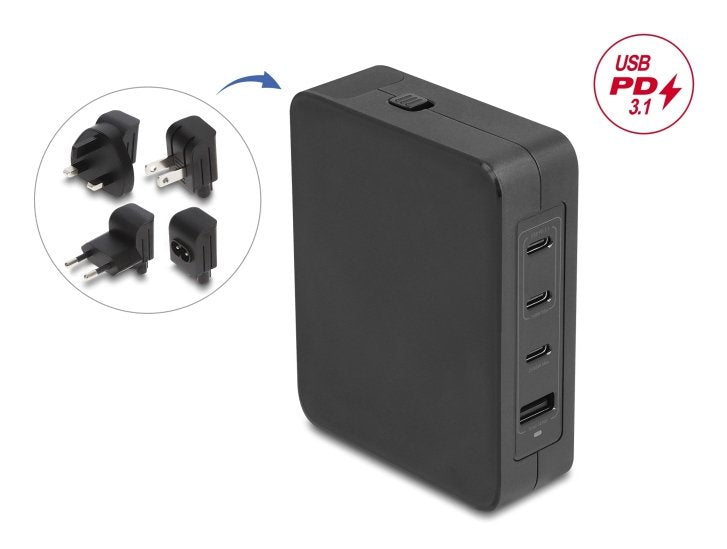 Usb Gan Cargador 3 X Usb Type-C Pd 3.1 Und 1 X Usb Typ-A Mit 145 W Inklusive Strom-Adapter Für Eu   Us   Uk