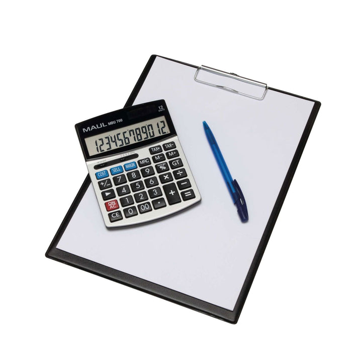 Maul Calculadora Comercial Mbu 700  Calculadora Grande Con Funciones Comerciales  Pantalla De 12 Dígitos  Incluye Función De Margen De Coste De Ganancia  Solar/Batería  Negro