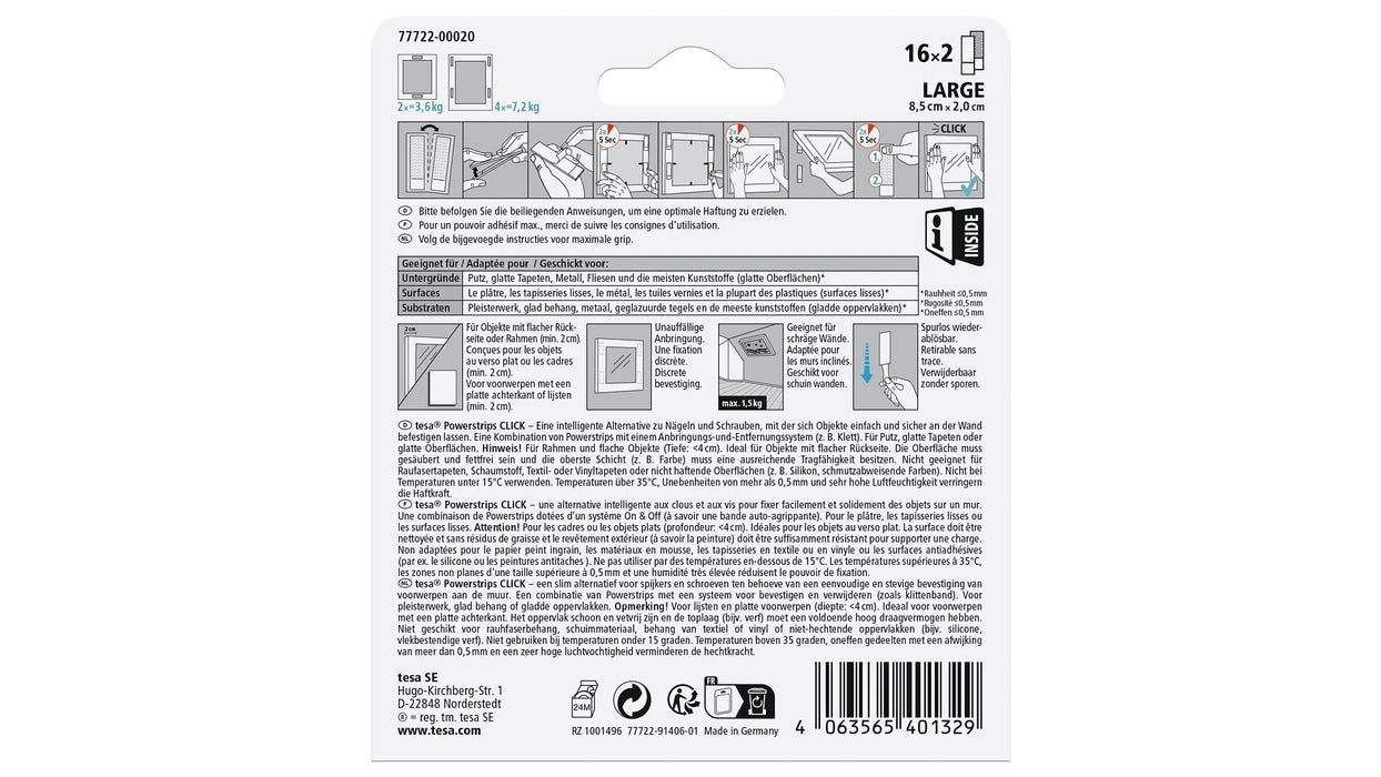 Tesa Powerstrips Click Large Selbstkl. Cinta De Velcro 16x2