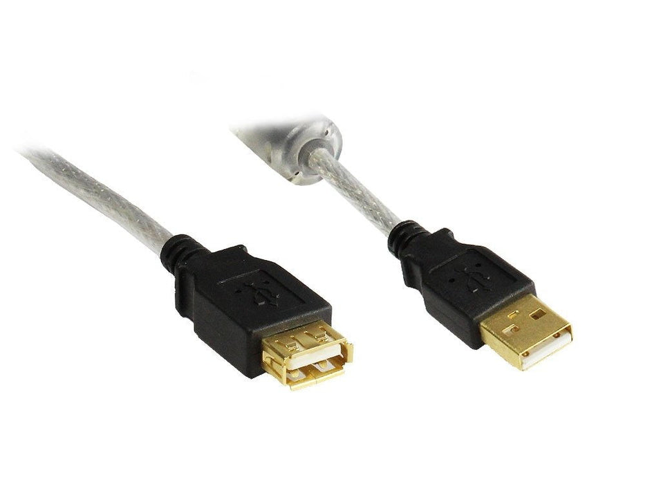 Verlängerung Usb 2.0 Stecker A An Buchse A, High Quality Mit Ferritkern Und Goldkontakten, Transparent, 3m,