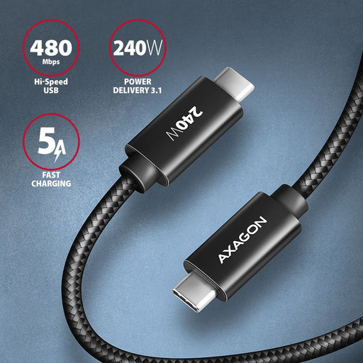 EAN 8595247907400 - Axagon BUCM2-CM15AB Ladekabel USB-C zu USB-C 2.0, 1,5 m, PD 240 W 5 A, ALU - Schwarz - 1,5 Meter langes U imagen 2